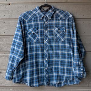 Wrangler Blue Black Tan Plaid Pearl Snap Western LS Shirt Size 4X 100% Cotton